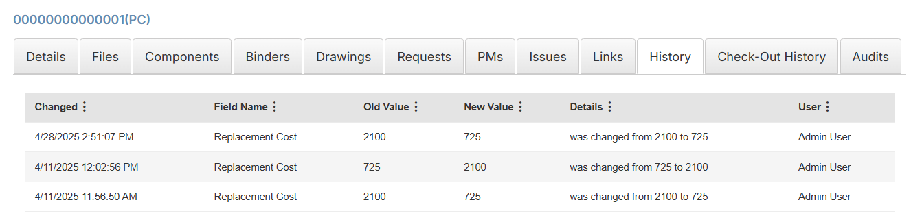 Asset Details page with History tab selected.